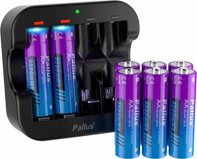 Main image of Pallus 3500mWh Rechargeable Lithium AA Batteries, 8 Pack and Charger