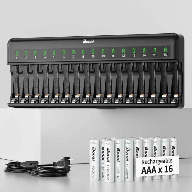 Main image of Bonai Rechargeable AAA Batteries with Charger, 16 Bay Smart Fast Battery Charger with American AC Plug & 1100mAh High Capacity Pre-Charged Low Self-Discharge Leak Proof Triple A Batteries (16 Pack)