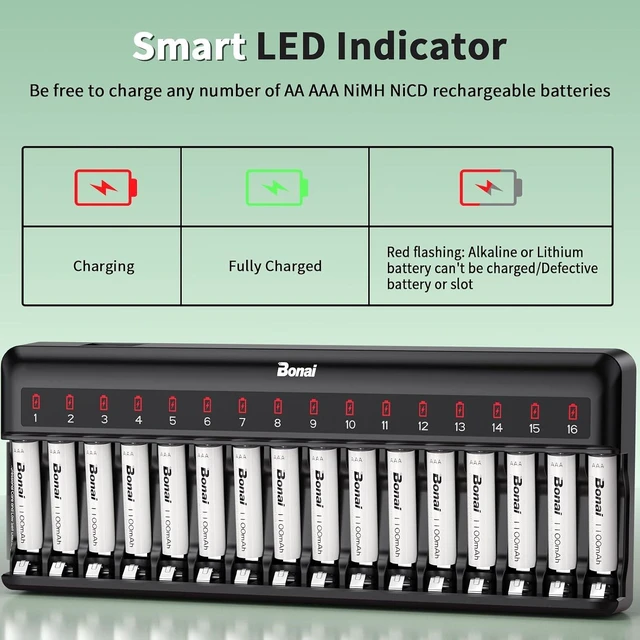 Alt view image 6 of 7 - Bonai Rechargeable AAA Batteries with Charger, 16 Bay Smart Fast Battery Charger with American AC Plug & 1100mAh High Capacity Pre-Charged Low Self-Discharge Leak Proof Triple A Batteries (16 Pack)