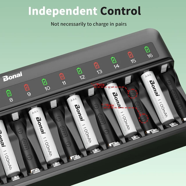 Alt view image 5 of 7 - Bonai Rechargeable AAA Batteries with Charger, 16 Bay Smart Fast Battery Charger with American AC Plug & 1100mAh High Capacity Pre-Charged Low Self-Discharge Leak Proof Triple A Batteries (16 Pack)