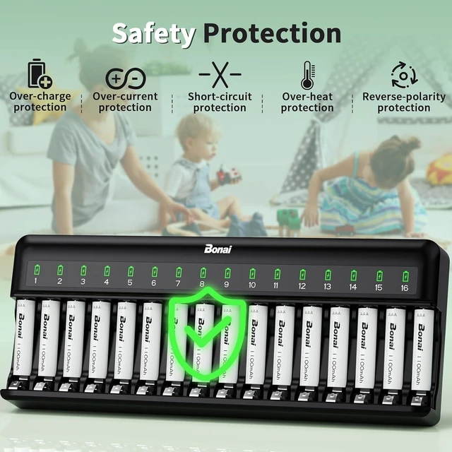 Alt view image 7 of 7 - Bonai Rechargeable AAA Batteries with Charger, 16 Bay Smart Fast Battery Charger with American AC Plug & 1100mAh High Capacity Pre-Charged Low Self-Discharge Leak Proof Triple A Batteries (16 Pack)