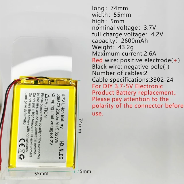 Alt view image 2 of 7 - DC 3.7V 2600mAh 505573 Rechargeable Lithium Polymer Battery Suitable for DIY 3.7-5V Electronic Products with Built-in 2-Wire Battery Replacement, Mobile Energy Storage Power Supply
