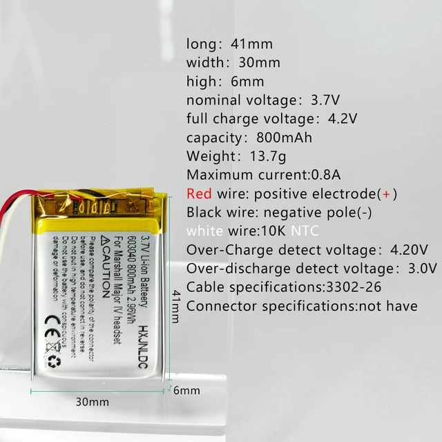 Alt view image 2 of 6 - DC 3.7V 800mAh 603040 Rechargeable Lithium-ion Battery for Marshall MID Major II Major III Major IV Bluetooth Headphones VDL603040 SR603040