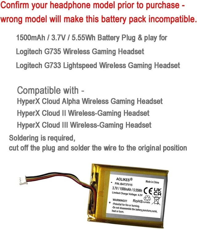 Alt view image 2 of 3 - AOLIKES 1500mAh 533-000181 Battery Replacement for Logitech G735 / G733 Lightspeed Gaming Headset,Compatible with HyperX Cloud Flight, Cloud II III Wireless Headset