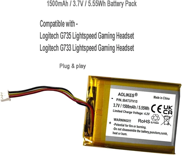 Alt view image 3 of 3 - AOLIKES 1500mAh 533-000181 Battery Replacement for Logitech G735 / G733 Lightspeed Gaming Headset,Compatible with HyperX Cloud Flight, Cloud II III Wireless Headset