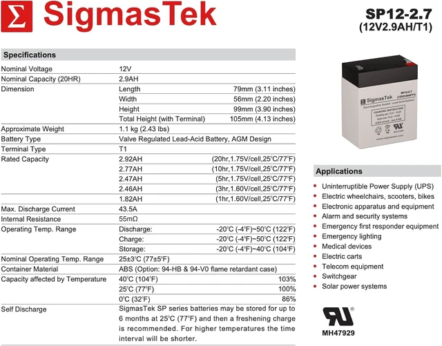 Alt view image 3 of 6 - SigmasTek LP12-2.9 Compatible SLA Battery, 12V 2.9Ah F1 SP12-2.7 (T1)