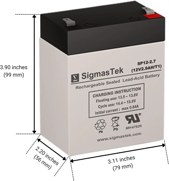 Alt view image 2 of 6 - SigmasTek LP12-2.9 Compatible SLA Battery, 12V 2.9Ah F1 SP12-2.7 (T1)