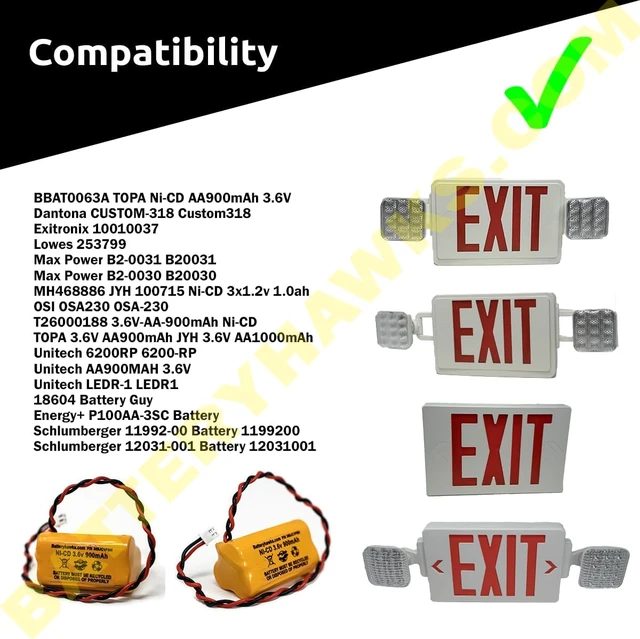 Alt view image 4 of 6 - AA900MAH 3.6V 6200RP 6200-RP Exitronix 10010037 253799 TOPA 3.6v 900mAh Ni-CD Battery Pack for Exit Sign Emergency Light Fire (8 Pack, 8, Count)