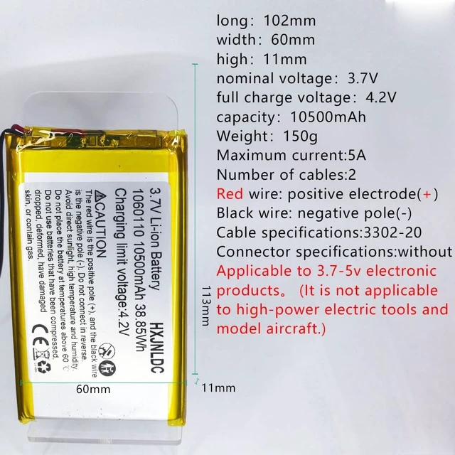 Alt view image 2 of 6 - DC 3.7V 10500mah 1060110 Rechargeable Lithium Polymer Replacement Battery for DIY 3.7-5V Electronic Products with Built-in 2-Wire Battery Replacement, Mobile Energy Storage Power Supply.