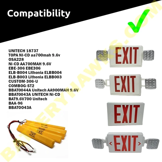 Alt view image 4 of 6 - BBAT0043A Unitech BAT9.6V700 AA900MAH 9.6V ELB-B003 Lithonia ELB-B004 9.6v 900mAh Ni-CD Battery Pack Replacement for Exit Sign Emergency Light Fire Batteryhawk, LLC (12 Pack, 12, Count)