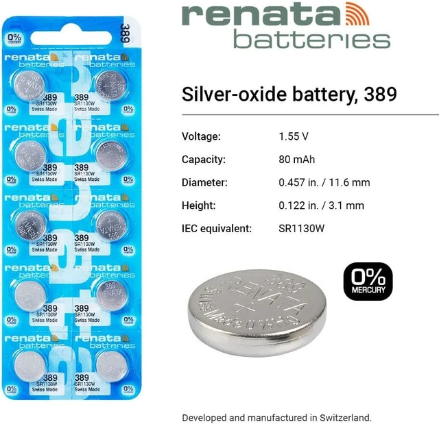 Alt view image 2 of 7 - Renata 389 SR1130W Batteries - 1.55V Silver Oxide 389 Watch Battery (10 Count)