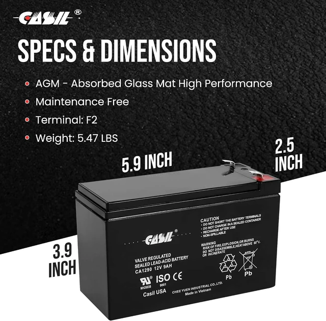 Alt view image 5 of 6 - Casil 12V 9Ah SLA AGM Rechargeable Battery CA1290, Sealed Lead Acid with F2 Terminals