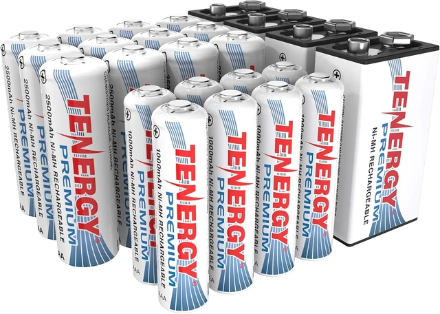 Main image of Tenergy Premium High Capacity NiMH Rechargeable Battery Combo, Includes 12xAA 8xAAA 4x9V Rechargeable Batteries, 24 Pack