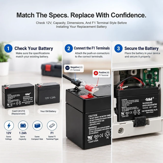 Alt view image 7 of 7 - Casil 12V 1.2Ah Replacement Battery Compatible with ADI/Ademco 484 Security System Technacell TC1212 Emergency Light