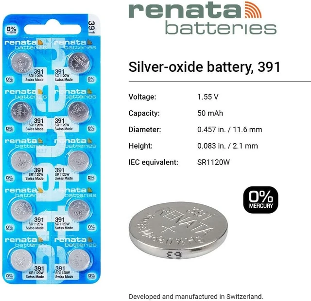 Alt view image 2 of 7 - Renata 391 SR1120W Batteries - 1.55V Silver Oxide 391 Watch Battery (10 Count)