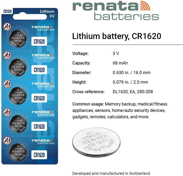 Alt view image 2 of 7 - Renata CR1620 Batteries - 3V Lithium Coin Cell 1620 Battery (5 Count)