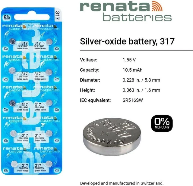 Alt view image 2 of 7 - Renata 317 SR516SW Batteries - 1.55V Silver Oxide 317 Watch Battery (20 Count)