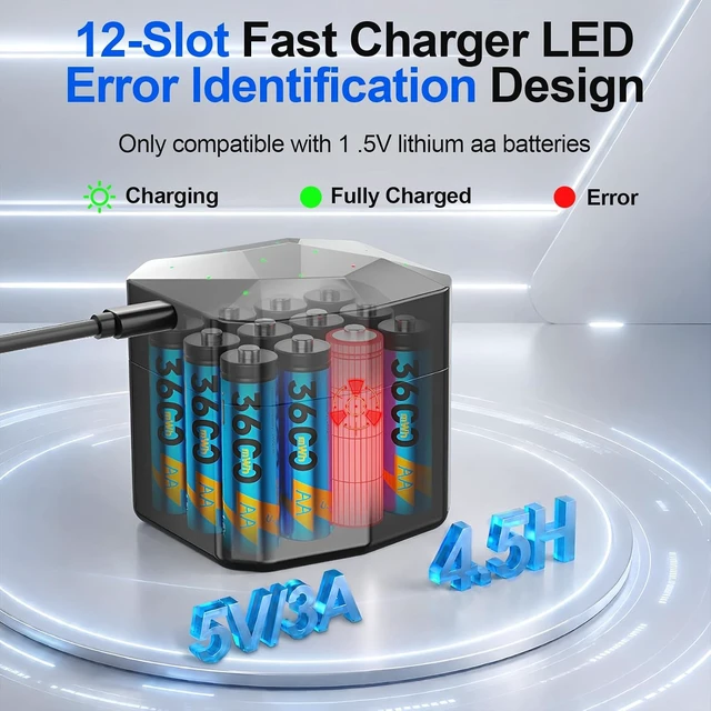 Alt view image 5 of 7 - 12-Pack AA Lithium Rechargeable Batteries with 12-Slot Charger