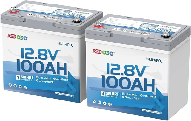 Main image of Redodo 12V 100Ah Ultra-Mini LiFePO4 Bluetooth Deep Cycle Battery 2 Pack