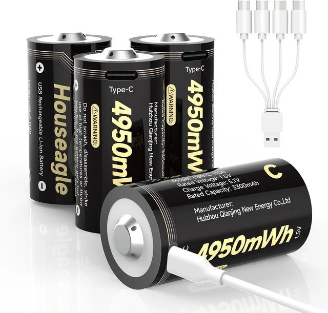 Main image of Lithium C Batteries Rechargeable 4 Pack,1.5V LR14 4950mWh Large Capacity C Cell Batteries with 4-in-1 Cable,1300+ Cycles,Replacement for Toys, Flashlights, Remote Controls & More