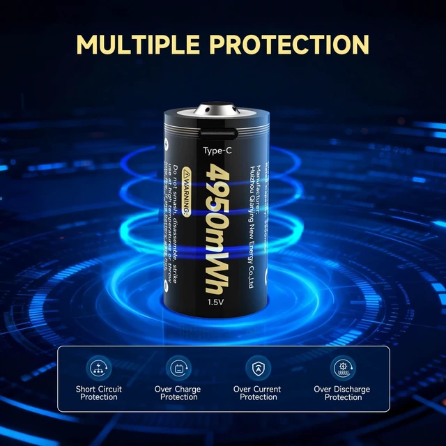 Alt view image 3 of 7 - Lithium C Batteries Rechargeable 4 Pack,1.5V LR14 4950mWh Large Capacity C Cell Batteries with 4-in-1 Cable,1300+ Cycles,Replacement for Toys, Flashlights, Remote Controls & More