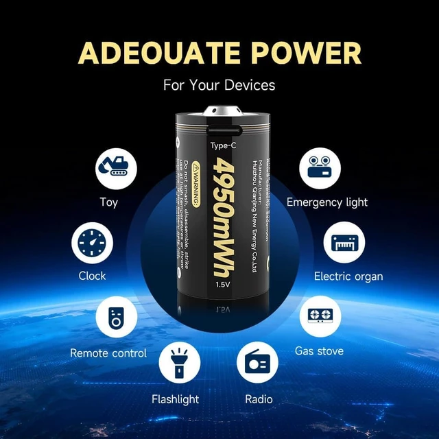 Alt view image 6 of 7 - Lithium C Batteries Rechargeable 4 Pack,1.5V LR14 4950mWh Large Capacity C Cell Batteries with 4-in-1 Cable,1300+ Cycles,Replacement for Toys, Flashlights, Remote Controls & More