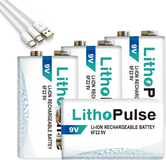 Main image of LithoPulse 4 Pack 9V Lithium Batteries Rechargeable 1200mAh 9 Volt Battery