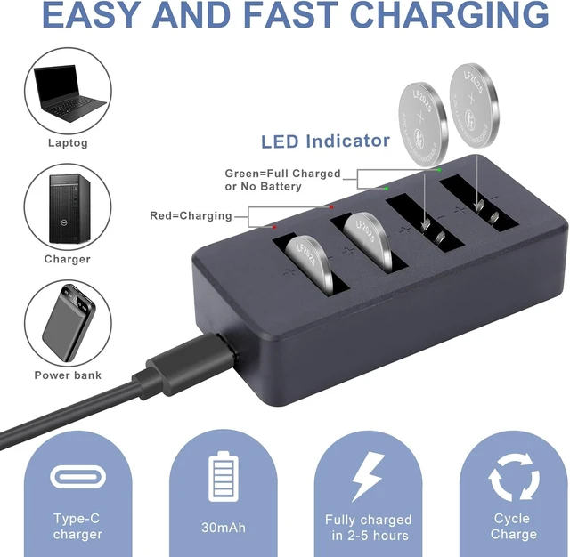 Alt view image 2 of 7 - LF2025 Rechargeable Battery with Charger 3V Replacement CR2032 Batteries(5PCS)