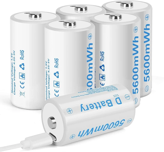 Main image of Rechargeable Lithium D Batteries with 4 in 1 USB-C Charging Cable 5600mWh 1.5V D Size Cell Battery (6 Pack)