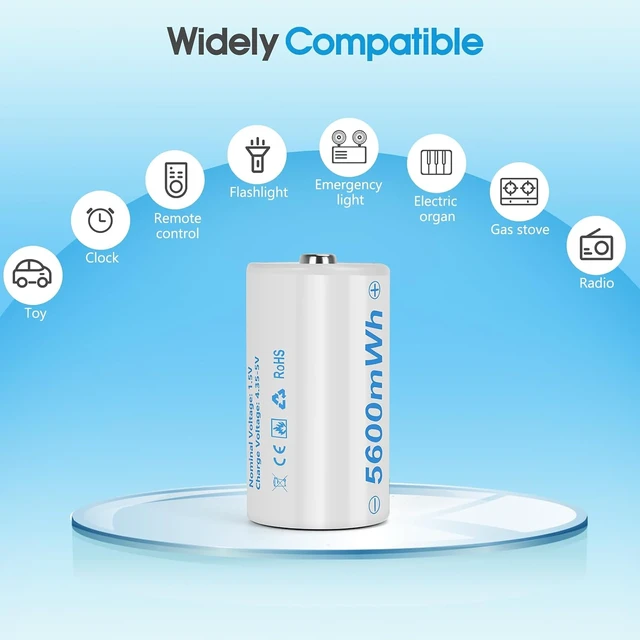 Alt view image 6 of 6 - Rechargeable Lithium D Batteries with 4 in 1 USB-C Charging Cable 5600mWh 1.5V D Size Cell Battery (6 Pack)