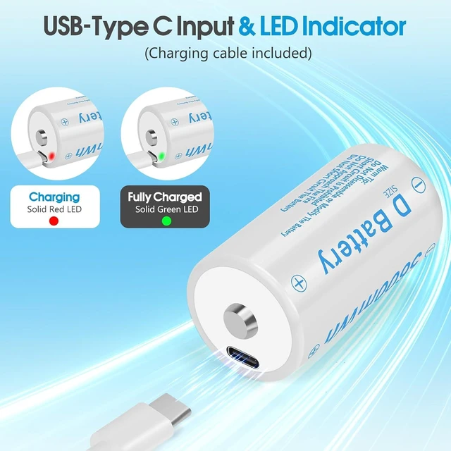 Alt view image 2 of 6 - Rechargeable Lithium D Batteries with 4 in 1 USB-C Charging Cable 5600mWh 1.5V D Size Cell Battery (6 Pack)