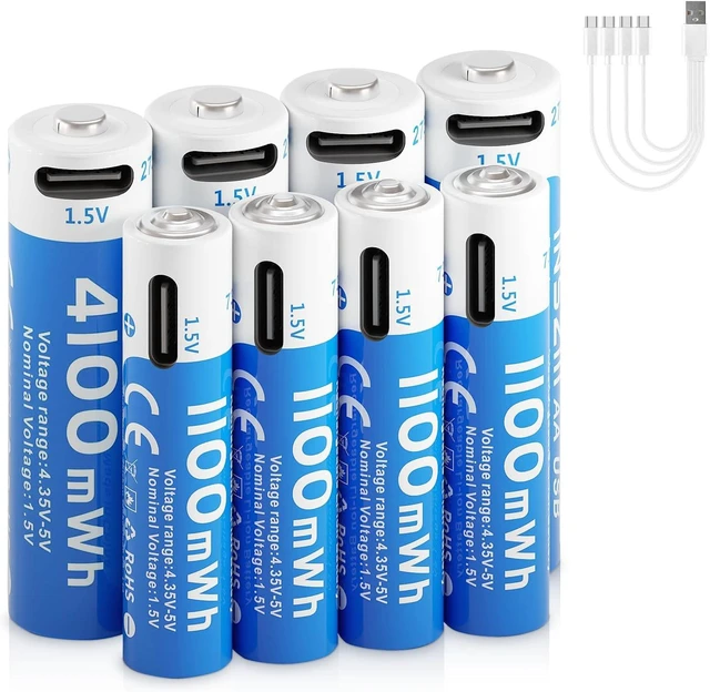 Main image of 4100mWh AA and 1100mWh AAA Lithium Batteries Rechargeable Combo 8 Pack, 1.5V USB C Double A Triple A Batteries, Long Lasting 1200 Cycles, High Capacity Battery for Smart Door Lock (4AA & 4AAA)
