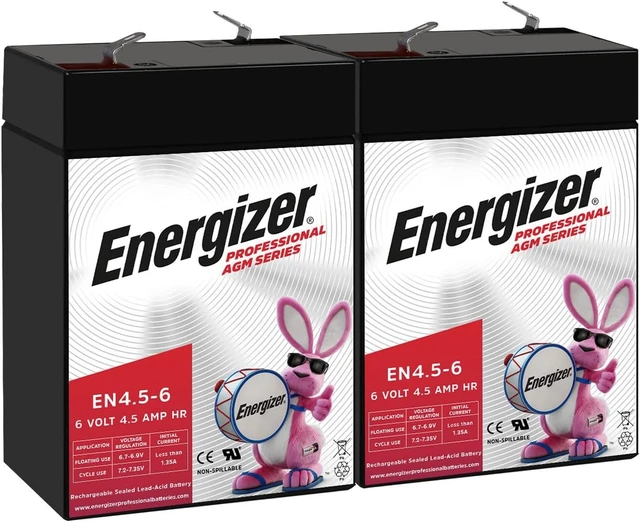 Main image of Energizer EN4.5-6 - 2 Pack - 6 Volt 4.5 Amp Hr, Long Lasting Sealed Lead Acid AGM Rechargeable Battery Ideal for Use in Kids Ride On, Emergency Lighting, Backup Power, and More
