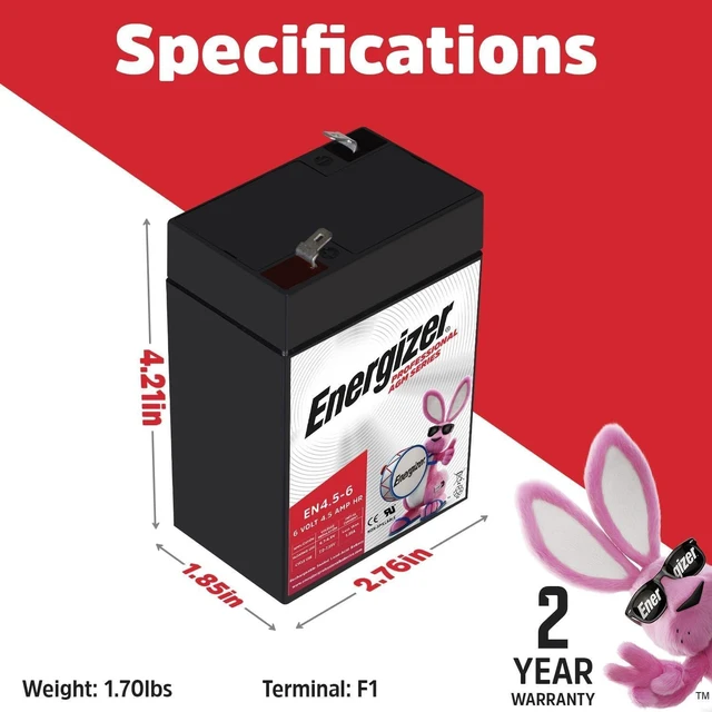 Alt view image 2 of 6 - Energizer EN4.5-6 - 2 Pack - 6 Volt 4.5 Amp Hr, Long Lasting Sealed Lead Acid AGM Rechargeable Battery Ideal for Use in Kids Ride On, Emergency Lighting, Backup Power, and More