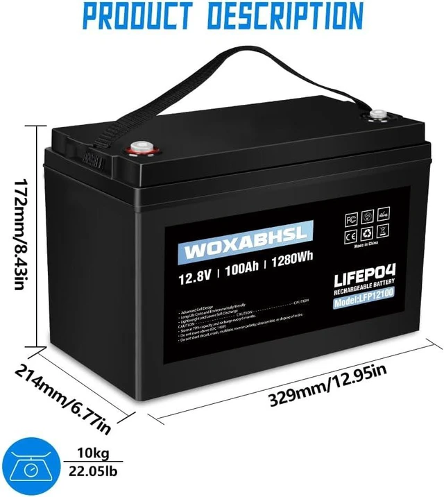 Alt view image 2 of 7 - 12V 100Ah LiFePO4 Deep Cycle Battery, 4000 Cycles Iron Phosphate Rechargeable Battery for Solar, RV, Home Energy Storage, Off-Grid Applications, Built-in 100A BMS2 Pack