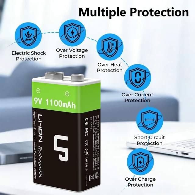 Alt view image 3 of 7 - LP 9V Rechargeable Lithium-Ion Batteries 4-Pack 1100mAh, USB-C Charging with 2-in-1 Cable, Long Lasting Battery for Smoke Alarms, Walkie-Talkies, Game Controllers, Microphones and Flashlights