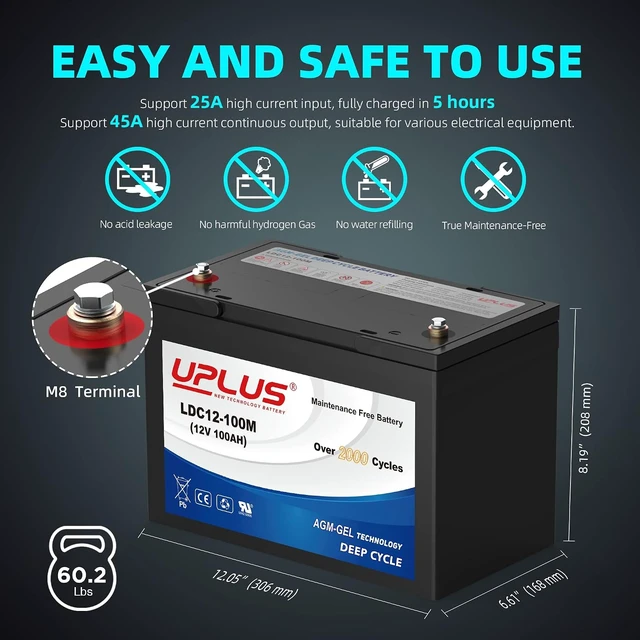 Alt view image 2 of 7 - UPLUS 12V 100Ah Deep Cycle Leisure Battery LDC12-100M Group 27 Size