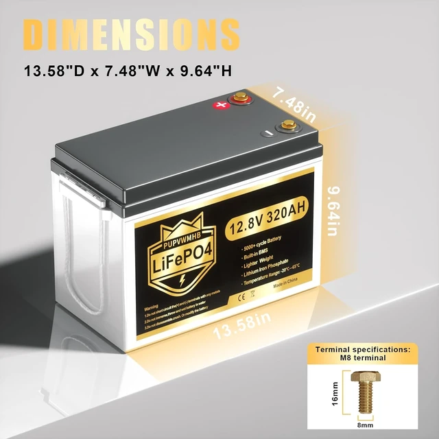 Alt view image 4 of 7 - 12V 320Ah Lithium LiFePO4 Battery, Built-in Smart 200A BMS, Up to 15000 Cycles, 4096Wh-Higher Energy Density, Perfect for Solar Energy Storage, Backup Power, RV, Camping, Off-Grid System