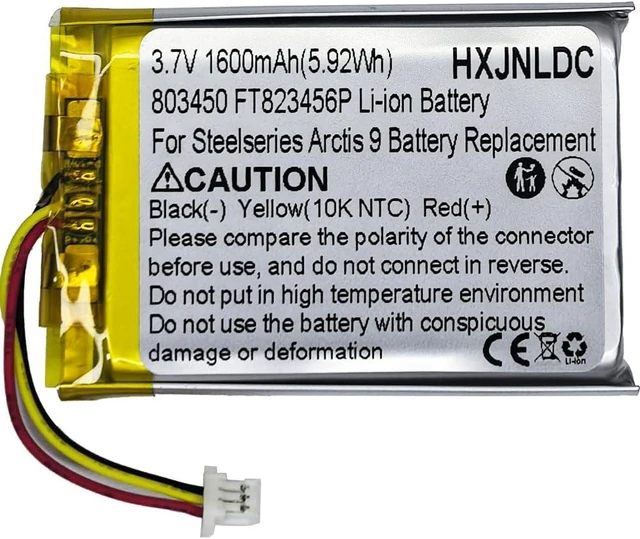 Main image of DC 3.7V 1600mAh 803450 FT823456P Rechargeable Polymer Lithium Battery for Steelseries Arctis 9 Wireless Gaming Headset Battery Replacement