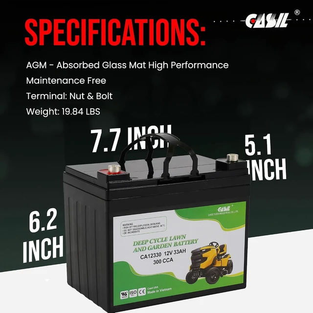 Alt view image 4 of 7 - Casil 12V 300CCA Lawn & Garden Battery AGM U1 BCI Group Battery for Riding Mowers Compatible with Cub Cadet, John Deere, Toro, Craftsman, TCA25015, 163465, U1R-1 Tractors