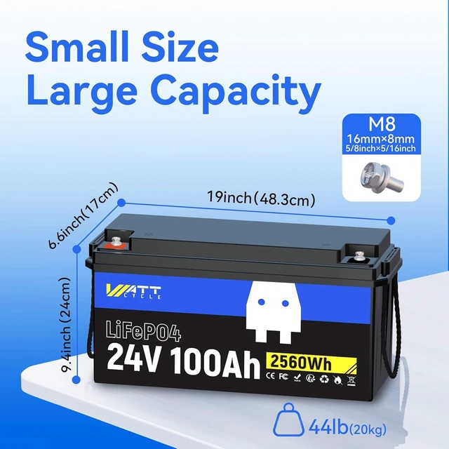 Alt view image 2 of 7 - Wattcycle 24V 100Ah LiFePO4 Battery 100A BMS 2.56kWh A+ Cells