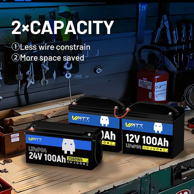 Alt view image 6 of 7 - Wattcycle 24V 100Ah LiFePO4 Battery 100A BMS 2.56kWh A+ Cells