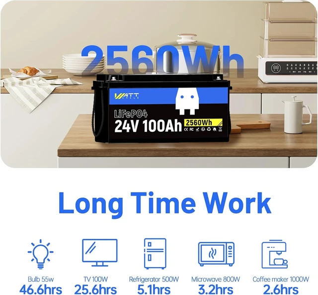 Alt view image 7 of 7 - Wattcycle 24V 100Ah LiFePO4 Battery 100A BMS 2.56kWh A+ Cells