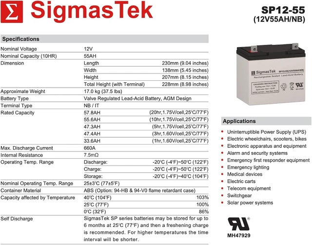 Alt view image 2 of 5 - SigmasTek Pride Jazzy 614, 614HD, Jet 2 HD, 614HD, 600 XL, Universal Power UB12550 (45825), Invacare m94, M91, Xterra GT Compatible Battery, 12V 55Ah NB SP12-55 (NB)