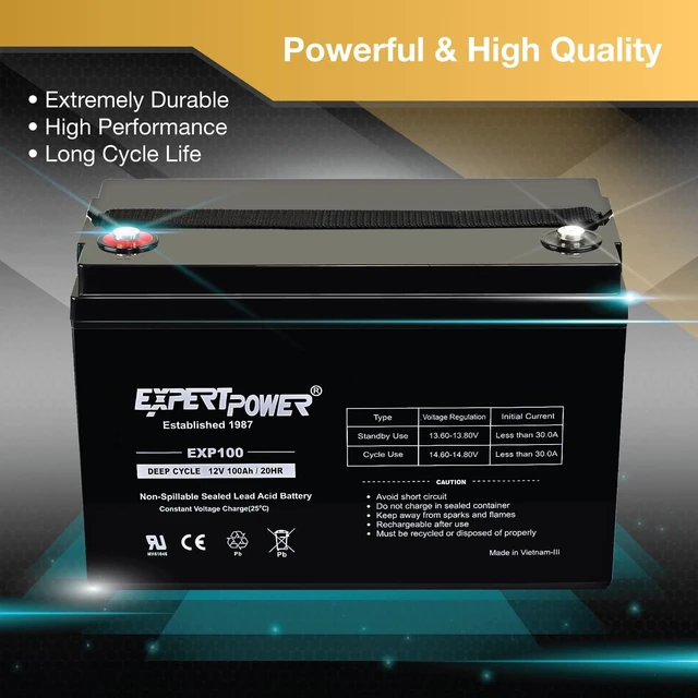 Alt view image 4 of 7 - ExpertPower Deep Cycle Battery 12V 100Ah - SLA AGM Battery for Camper, Wind & Solar Power Systems, Trailer, UPS, Security Systems, Sump Pump Backup, Wheelchair Batteries OEM Fit w/ M8