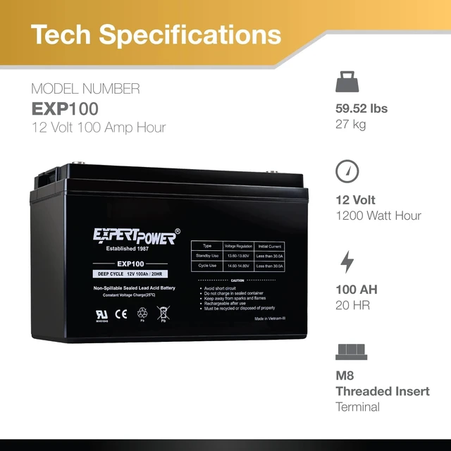 Alt view image 2 of 7 - ExpertPower Deep Cycle Battery 12V 100Ah - SLA AGM Battery for Camper, Wind & Solar Power Systems, Trailer, UPS, Security Systems, Sump Pump Backup, Wheelchair Batteries OEM Fit w/ M8
