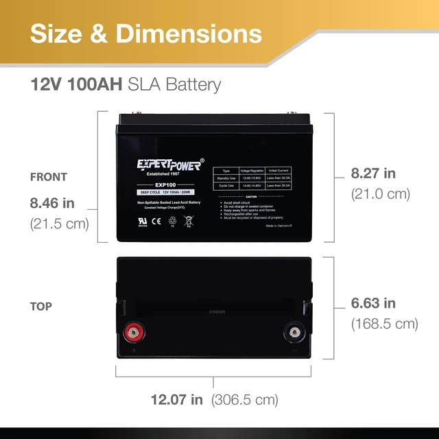 Alt view image 3 of 7 - ExpertPower Deep Cycle Battery 12V 100Ah - SLA AGM Battery for Camper, Wind & Solar Power Systems, Trailer, UPS, Security Systems, Sump Pump Backup, Wheelchair Batteries OEM Fit w/ M8