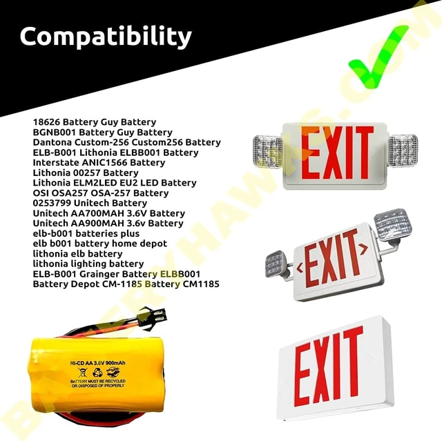 Alt view image 4 of 7 - ELB B001 ELBB001 ELB-B001 AA900MAH 3.6v 900mAh Exit Sign Emergency Light NiCad Battery ANIC1566 0253799 (8 Pack, 8, Count)