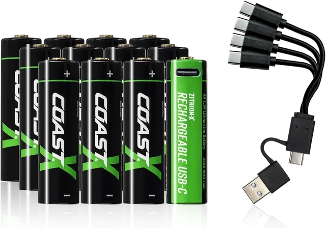 Main image of Coast AA USB-C Rechargeable Batteries, ZITHION-X, Lithium Ion 1.5v 2400 mAh, Long Lasting, Charges Under 2.5 Hours, Charging Cable Included, 12-Battery Pack