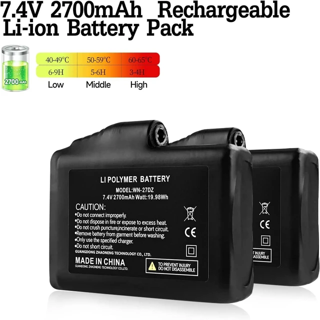 Alt view image 4 of 7 - winna 7.4V 2700mAh Rechargeable Li-ion Batteries, Accessories for Heated Gloves, Li-Polymer Battery Pack Replacement for Electric Gloves Heated Socks Heated Motorcycle Gloves(2 Pack)